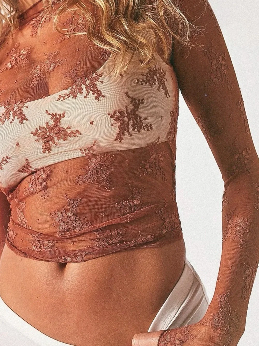 Free People Lady Lux Printed Layering Top Fawn Combo Long Sleeve Women Size S